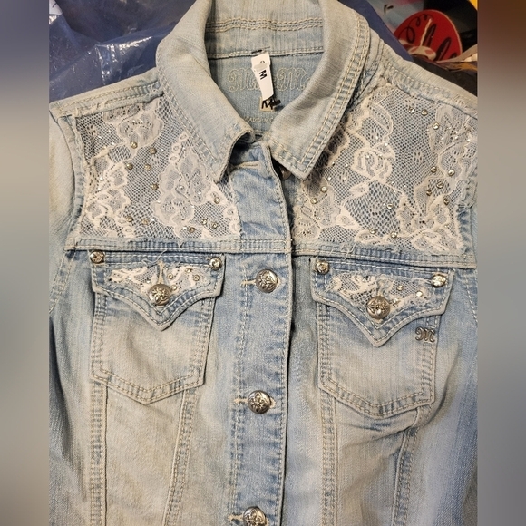 Miss Me Cropped Stone Wash Denim Med Jacket Rhinestones and Lace - Picture 10 of 15